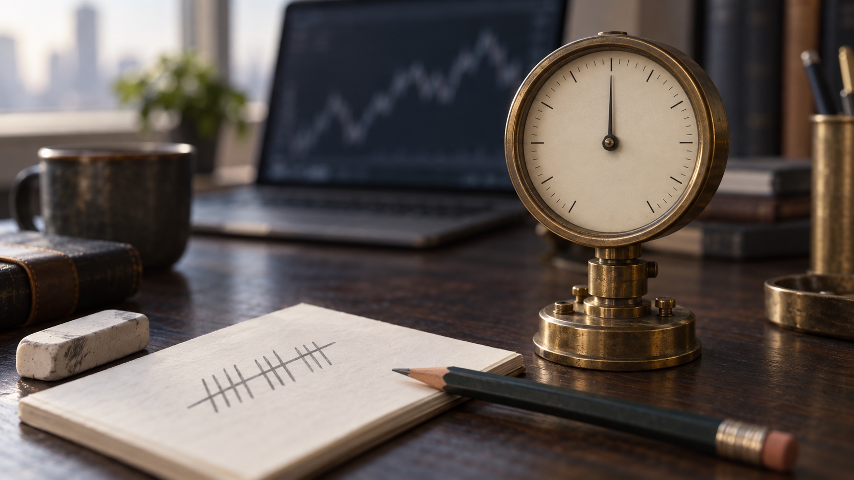 Crossed-out pencil tally marks on a notepad in front of a brass gauge whose needle rests mid-dial, with a blurred laptop screen behind.